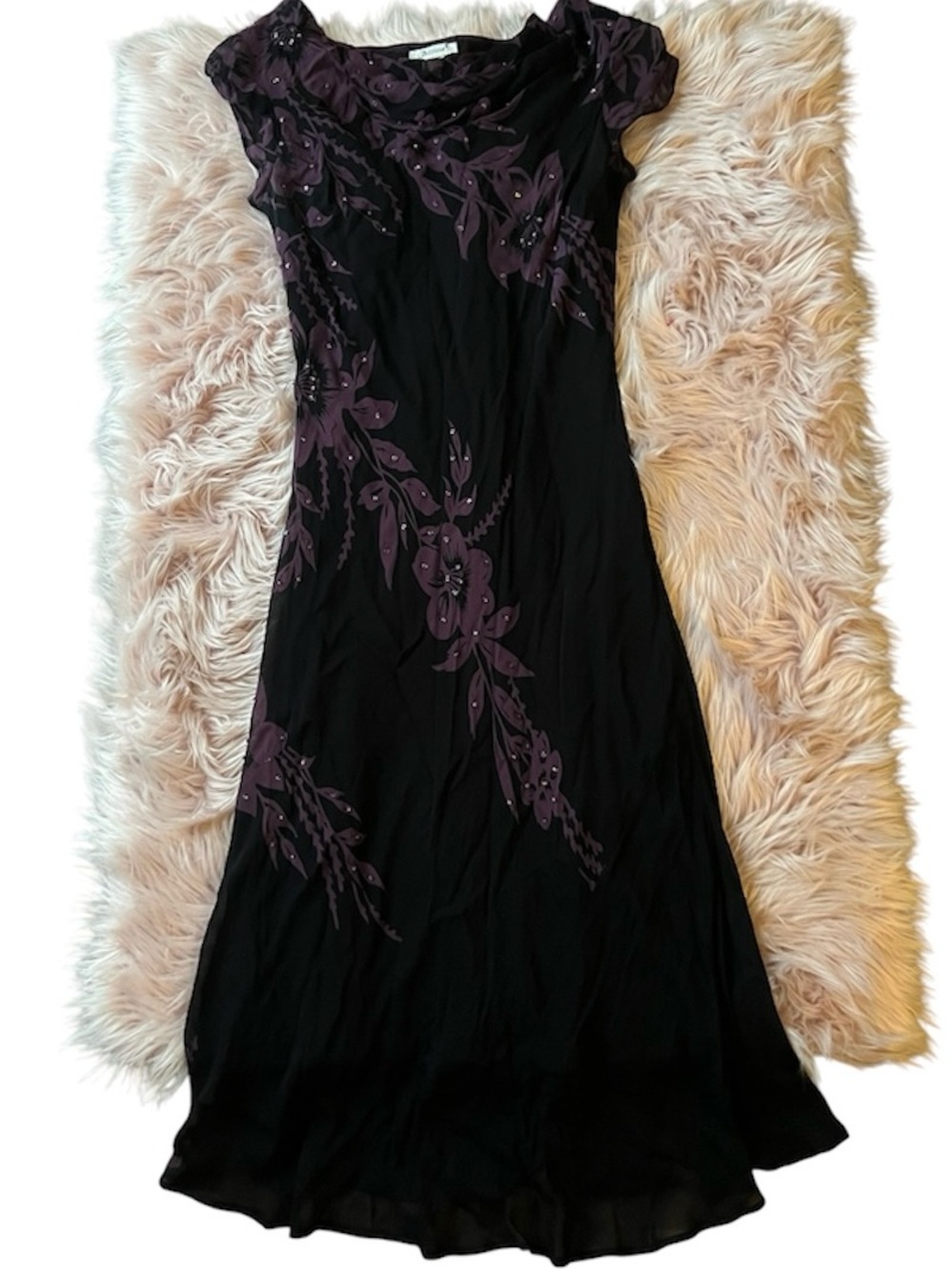 y2k Jessica Beaded Black Fairy Midi Dress with Plum Floral Details Flowy